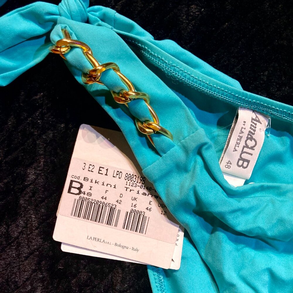 La Perla Bikini 2pc Swim Suit Set Halter Tie Gold Chains Underwire Blue L 12 48 - Picture 2 of 4